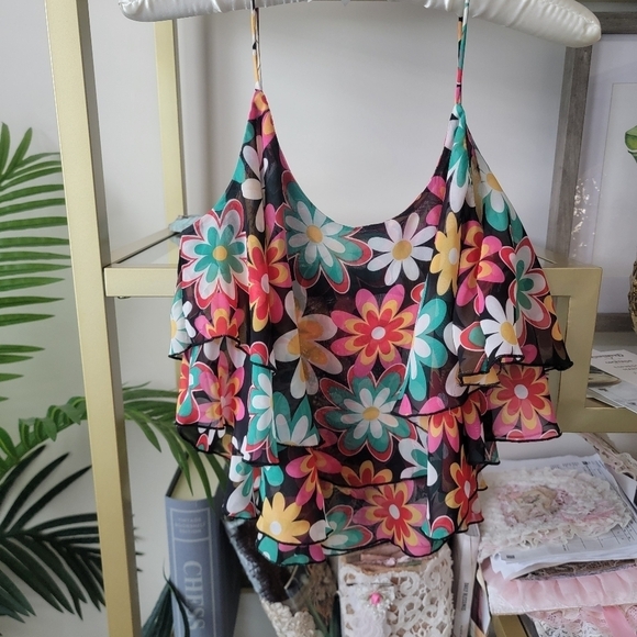 Multi Color Tiered Floral Print Tank Top in Women's Size Small - Picture 6 of 7
